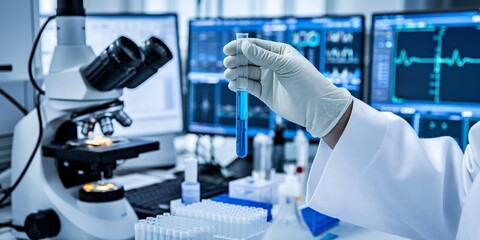 Fototapeta premium A close-up of a medical analysis laboratory, featuring a scientist’s gloved hands handling a test tube filled with a blue liquid. 