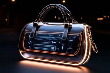 A futuristic messenger bag with a transparent body, revealing its digital interior that changes based on the owner&acirc;&euro;&trade;s needs, such as adjusting size and compartment layout on demand