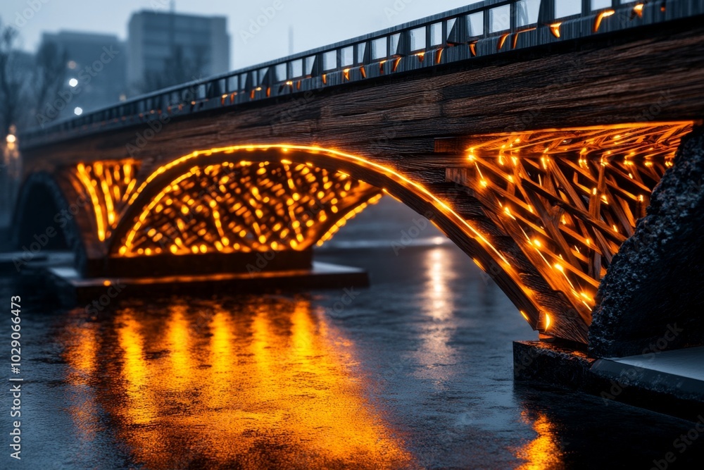 Poster a futuristic wooden bridge in a high-tech city, where the old wood has been reinforced with sleek, g