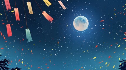 Fototapeta premium Celebrate the Tanabata Festival under the full moon with colorful decorations and a minimalist design capturing the essence of this cultural event