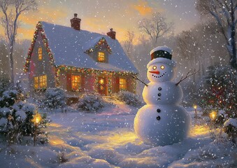 Fototapeta premium Charming Snowman in Serene Winter Wonderland with Rustic Cottage and Glowing Lights Depicting Festive Holiday Spirit