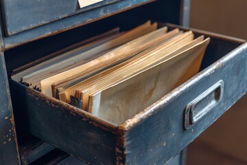 Obraz premium A close-up view of an open drawer filled with old files and folders, suggesting storage and organization of documents.