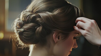 Naklejka premium Hair stylist arranging hair into an elegant updo, highlighting the precision and artistry involved