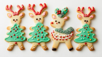 Obraz premium Christmas sugar cookies shaped like reindeer and Christmas trees, decorated with colorful icing, isolated on white background