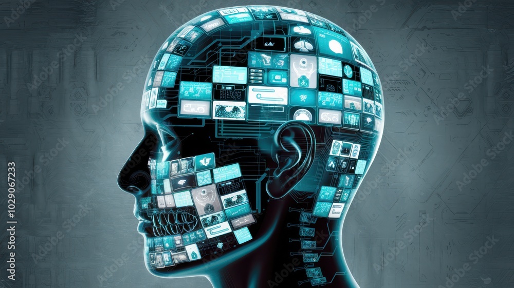 Poster abstract representation of a digital mind with screens, isolated on a dark background.
