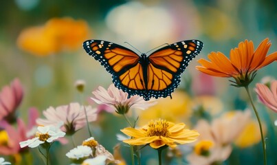 A butterfly perched on a flower in a field.