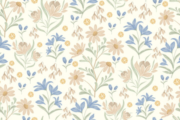 Minimal Floral pattern seamless paisley embroidery texture pink blue cornflower motifs. Vintage ikat style vector illustration design hand drawn meadow wildflowers. © Wita Pixs