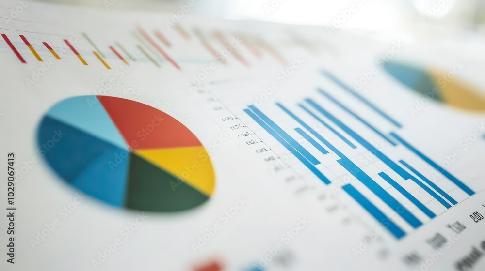 Poster a close-up of a pie chart and a bar graph on a white paper, showing financial data.