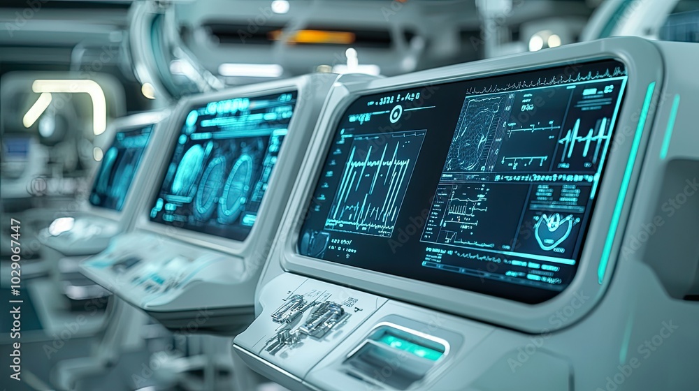 Poster close-up of futuristic medical monitors displaying vital signs and data in a high-tech operating roo