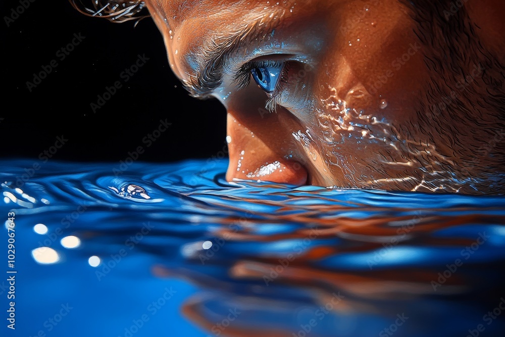 Poster A hyper-realistic depiction of a person gazing at their reflection in water, with every ripple and detail of their face captured, focusing on the act of self-reflection