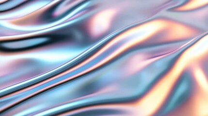 Reflective metallic surface with iridescent rainbow hues and soft light reflections
