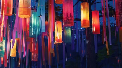 Obraz premium Colorful lanterns sway gently during the Tanabata festival creating a vibrant atmosphere in the evening sky