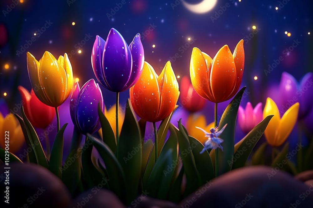 Poster a magical meadow where tulips glow in the moonlight, their petals softly illuminated by a mystical l