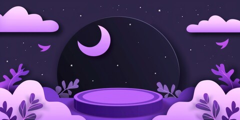 Obraz premium Purple 3D Paper Cut Night Scene with Crescent Moon and Clouds.