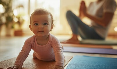 Baby crawls on yoga mat with adult in background.
