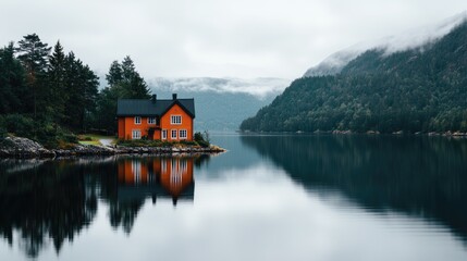 Fototapeta premium A vibrant red house stands peacefully by a calm lake, surrounded by majestic mountains and a dramatic, cloudy sky, capturing Norway's natural beauty and tranquility