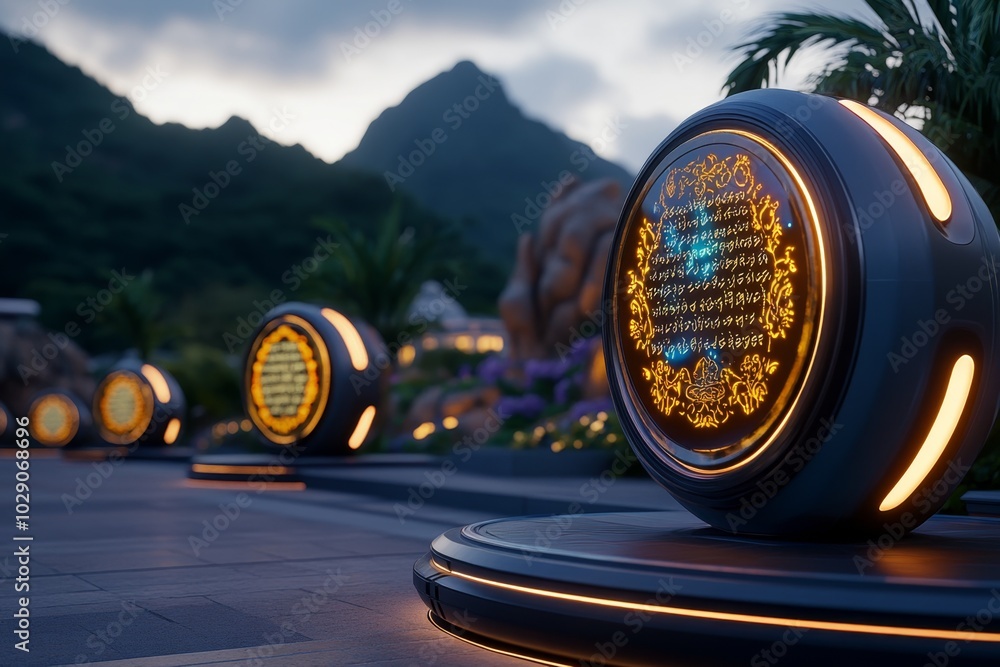 Poster a meditation pod in a futuristic landscape, where digital screens display ancient eastern poetry and