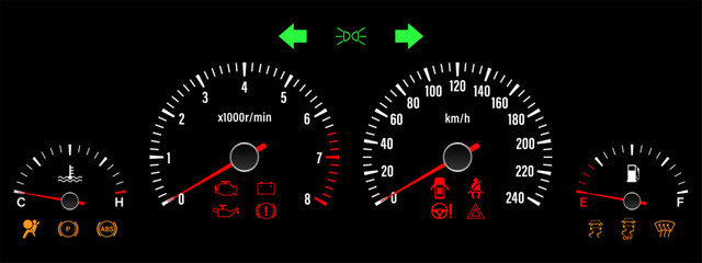 Fototapeta premium Car Dashboard. Car Panel Display. Car Speedometer Dashboard. Tachometer or Odometer Display. Vector Illustration.