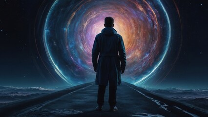 Shimmering brilliance surrounds the wormhole navigator as they glide through interstellar dimensions