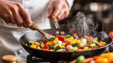 A chef's hands stir a pan of colorful vegetables, steaming and cooking on a stovetop.