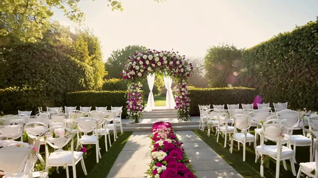 An intimate outdoor garden wedding ceremony venue with a flower arch and white chairs, with rose petals on the ground. Generative AI