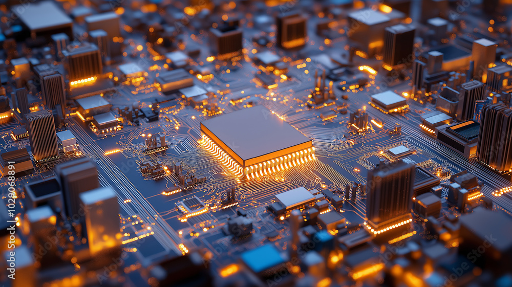Poster a detailed view of circuit board with glowing components and intricate designs