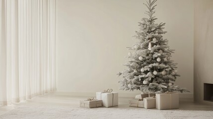A beautifully decorated snowy Christmas tree adorned with gifts in a cozy, minimalist living room setting during winter