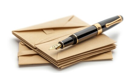 Gold-Trimmed Fountain Pen Resting on a Stack of Envelopes