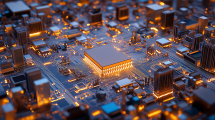 A detailed view of circuit board with glowing components and intricate designs