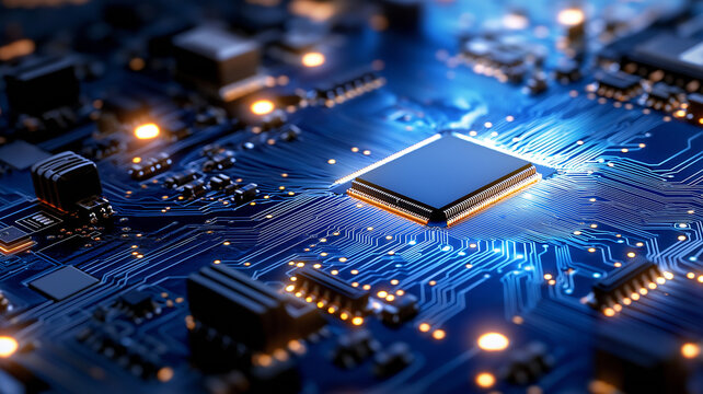 A close up view of microchip on circuit board, showcasing intricate details and glowing connections - Powered by Adobe