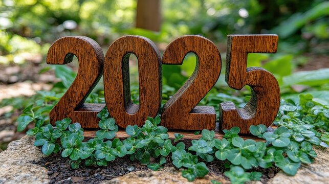 A beautifully rustic wooden year 2025 sign displayed amid lush greenery, symbolizing the freshness and growth of the upcoming year in a serene natural setting