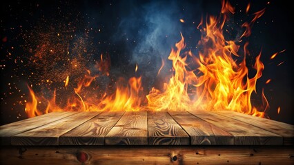 Obraz premium A plain wooden tabletop with a flickering fire along one edge, filled with sparks and smoke, providing a dramatic setting for product visibility.