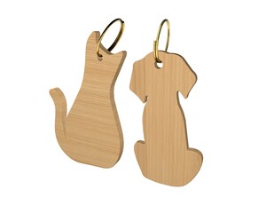 Wooden keychains with cat and dog shape hanging on white background