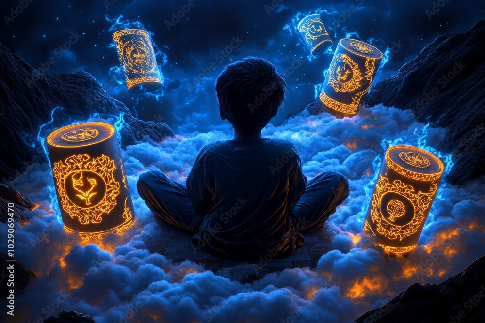 Poster a mystical eastern temple floating above a cloud-covered mountain, with ancient scrolls of wisdom fl