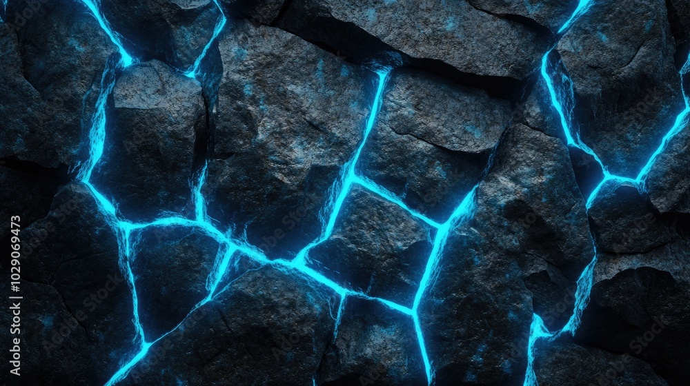 Poster irregular stone texture with sharp glowing neon blue lines, set against a dark backdrop for a dramat