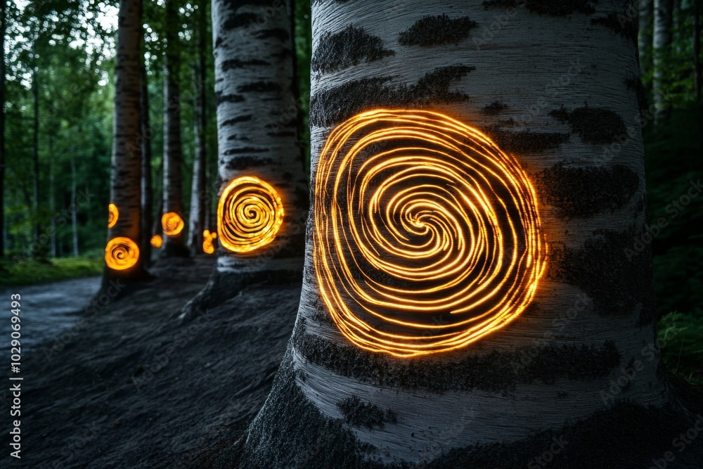 Aufkleber A mystical forest with ancient trees, where the bark is alive with swirling patterns of light, and the trees themselves seem to whisper stories of a magical past