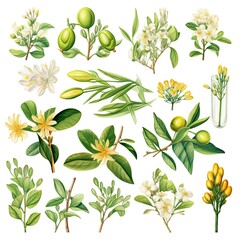 essential oil plants. Ylang-ylang, eucalyptus, jasmine, tea tree, bergamot, sandalwood, patchouli etc. For cosmetics, store, spa, health care, aromatherapy, homeopathy, Ayurveda, 