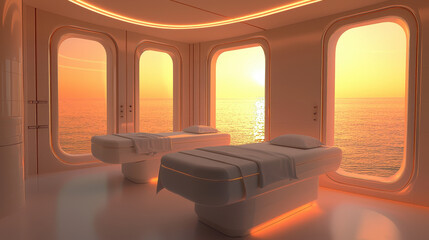 serene wellness spa room featuring two massage tables with soft linens, illuminated by warm ambient lighting. large windows offer stunning sunset view over ocean, creating tranquil atmosphere