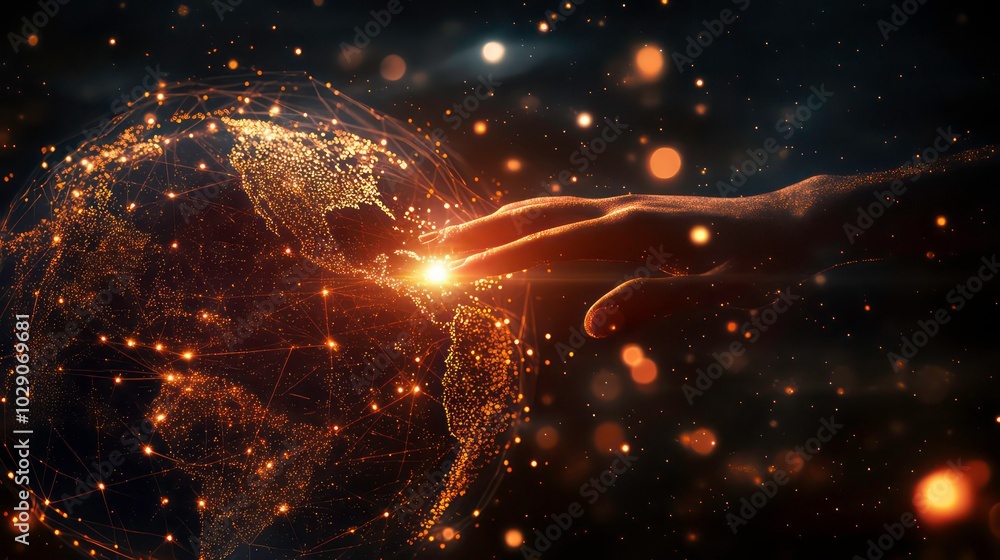Aufkleber a hand reaching out to touch a glowing digital globe with a network of lines and points representing