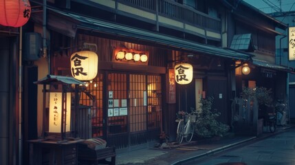 Traditional Udon Shop in Udon, Japan at Dusk
