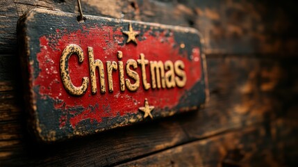 Obraz premium A vintage wooden sign with the word Christmas painted in distressed red and gold accents, hanging on a rustic, weathered wooden background, evoking a nostalgic holiday spirit