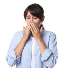 Woman suffering from sinusitis on white background