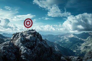 A bullseye target placed at the peak of a snow-covered mountain, symbolizing goals, achievement, and success. Perfect for concepts of goal setting, challenges, and reaching the top.