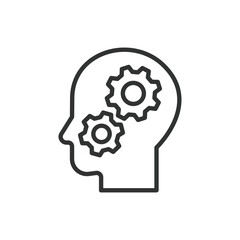 Head cogs, in line design. Head cogs, gears, mechanism, brain, thinking, productivity, strategy on white background vector. Head cogs editable stroke icon