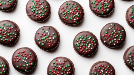 Festive chocolate-covered Christmas cookies with red and green sprinkles, arranged on a white background