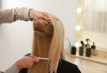 Fototapeta premium Hair cutting. Professional hairdresser working with client in salon, closeup