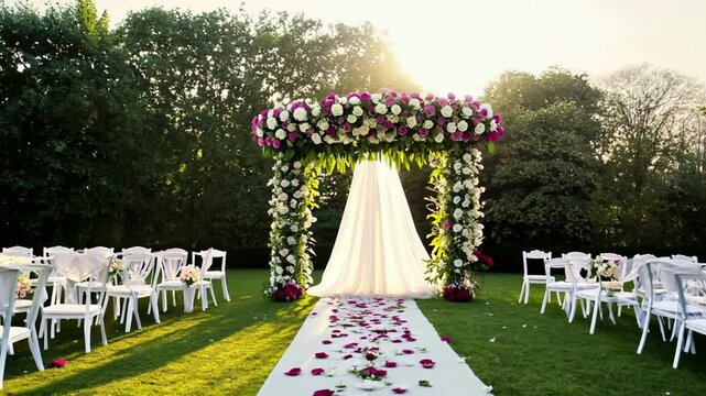 An intimate outdoor garden wedding ceremony venue with a flower arch and white chairs, with rose petals on the ground. Generative AI