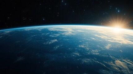 Obraz premium A stunning view of Earth from space, with the sun rising over the horizon.