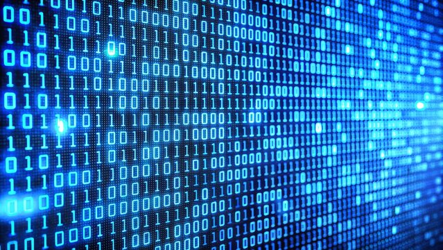 Background featuring blue hues of digital binary data on a monitor.