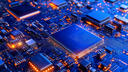 Obraz premium A close up view of vibrant circuit board with glowing components, showcasing technology